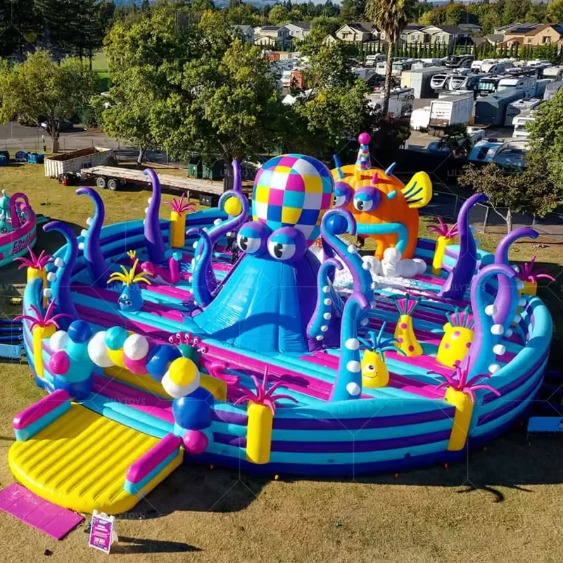 Commercial Ocean Theme Inflatable Playground with Octopus Slide and Foam Party Zone for Kids