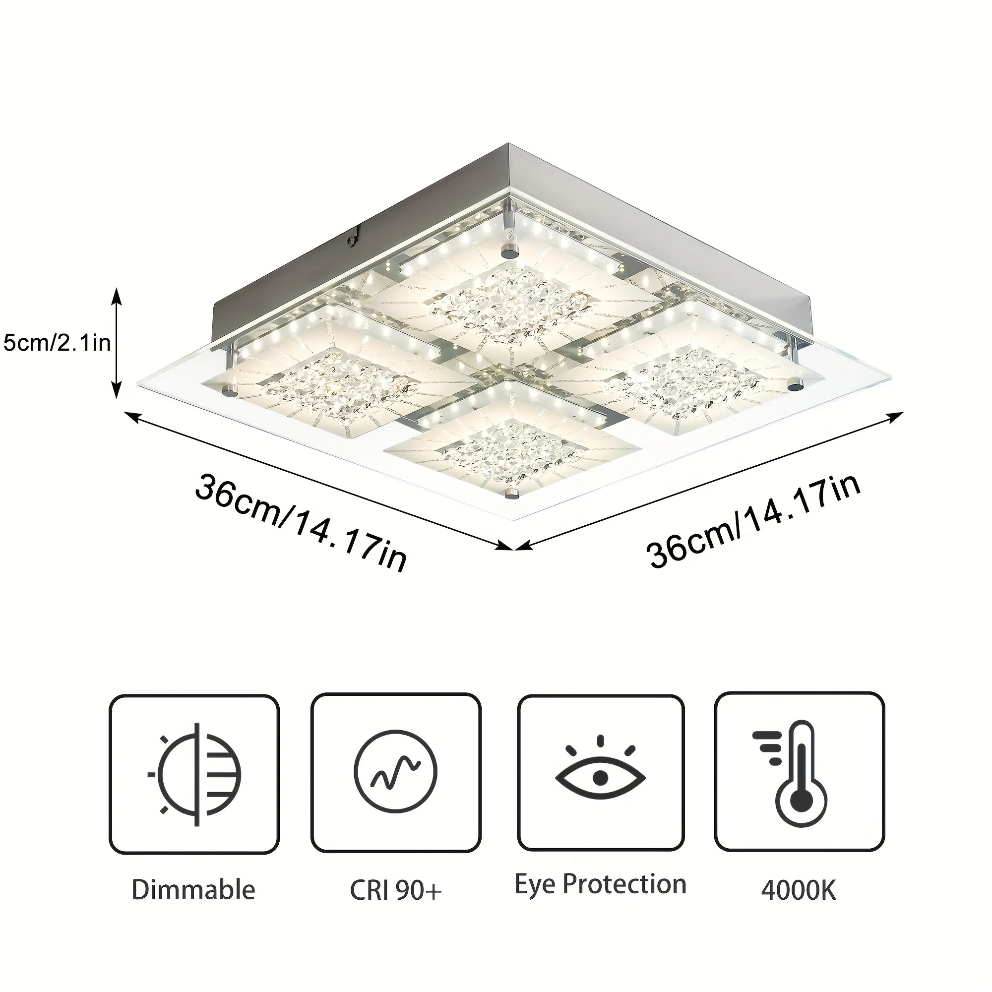โคมไฟเพดานคริสตัลฟลัชเมาท์ 14 นิ้ว โคมไฟเพดานคริสตัล โคมไฟคริสตัลสี่เหลี่ยม โคมไฟคริสตัลติดเพดาน