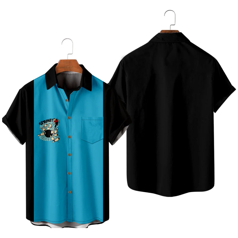 

Мужская повседневная рубашка с узором для боулинга, уличная одежда, сине-черная лоскутная рубашка с 3D принтом Y2K Hombre, модная летняя рубашка