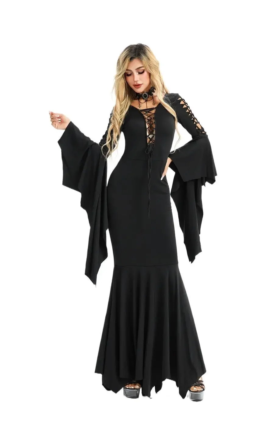 Middeleeuwse Vampier Zwarte Lace Up Jurk Gewaad Voor Vrouwen S-5XL Sexy Heks Ghost Halloween Kostuum Morticia Addam Gothic Maxi Jurk