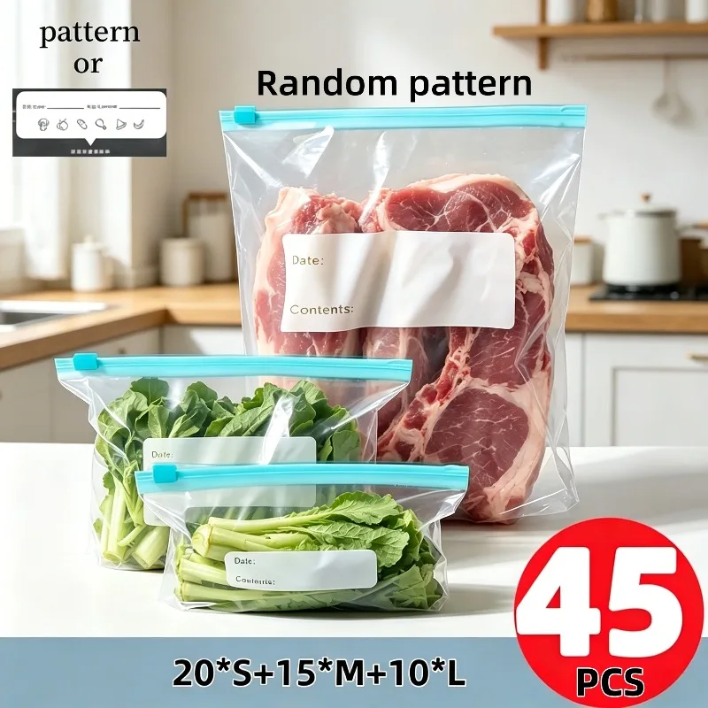 45pcs Reusable Refrigerator Fresh Bag Set Kitchen Essential Sealed Bags 3 Sizes of Bags Zipper Food Preservation Sealed Bags