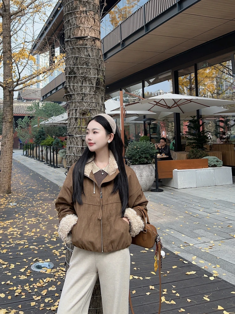 

Ретро-куртка из замши для женщин, утепленная искусственным мехом ягненка, с хлопковой подкладкой, на молнии, зимняя верхняя одежда, антивозрастная.