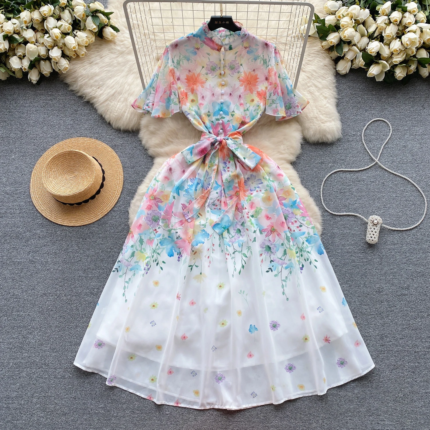 

French Vintage Ruffle Print Half High Collar Short Sleeve Chiffon Dress Casual Women Fashion Autumn Spring Vestidos