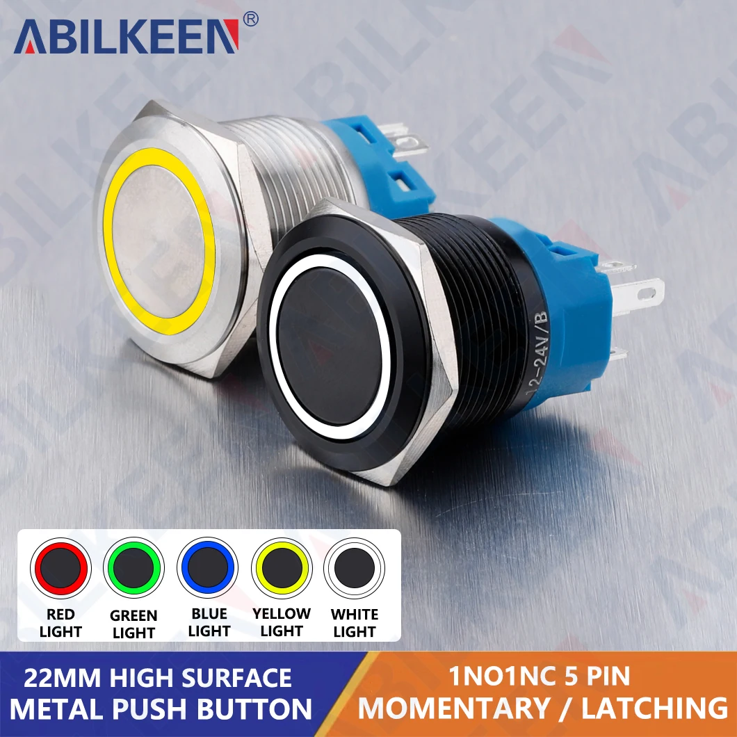 ABILKEEN 22MM Black Shell Push Button Switch LED Ring Illuminate Momentary/Latching Function 1NO1NC IP65 Waterproof Push Button