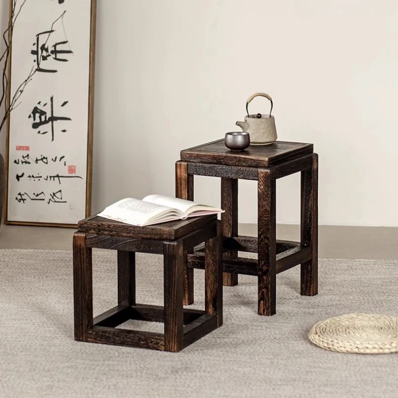 

Solid Wood Tea Stool Minimalist Square Bench for Living Room Wabi-Sabi Double-Sided Footrest Seat Compact Coffee Table for Home