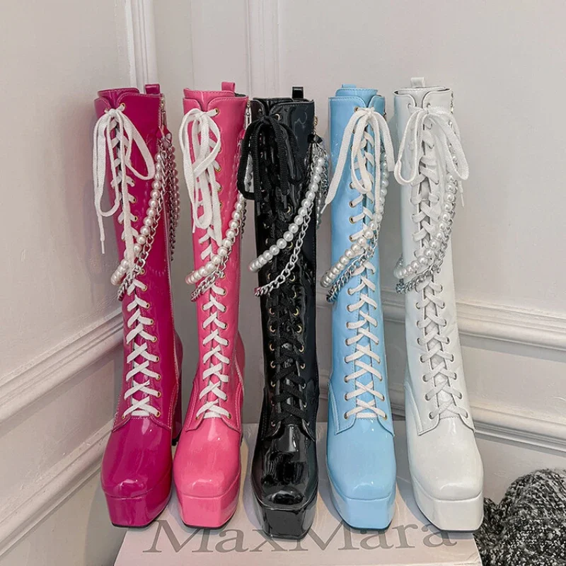 2025 New Traf Pink Blue Black White Rose Red Gogo Boots Y2k Demonia Platform Sexy Pearl Chain Fashion Knee High Women Boots