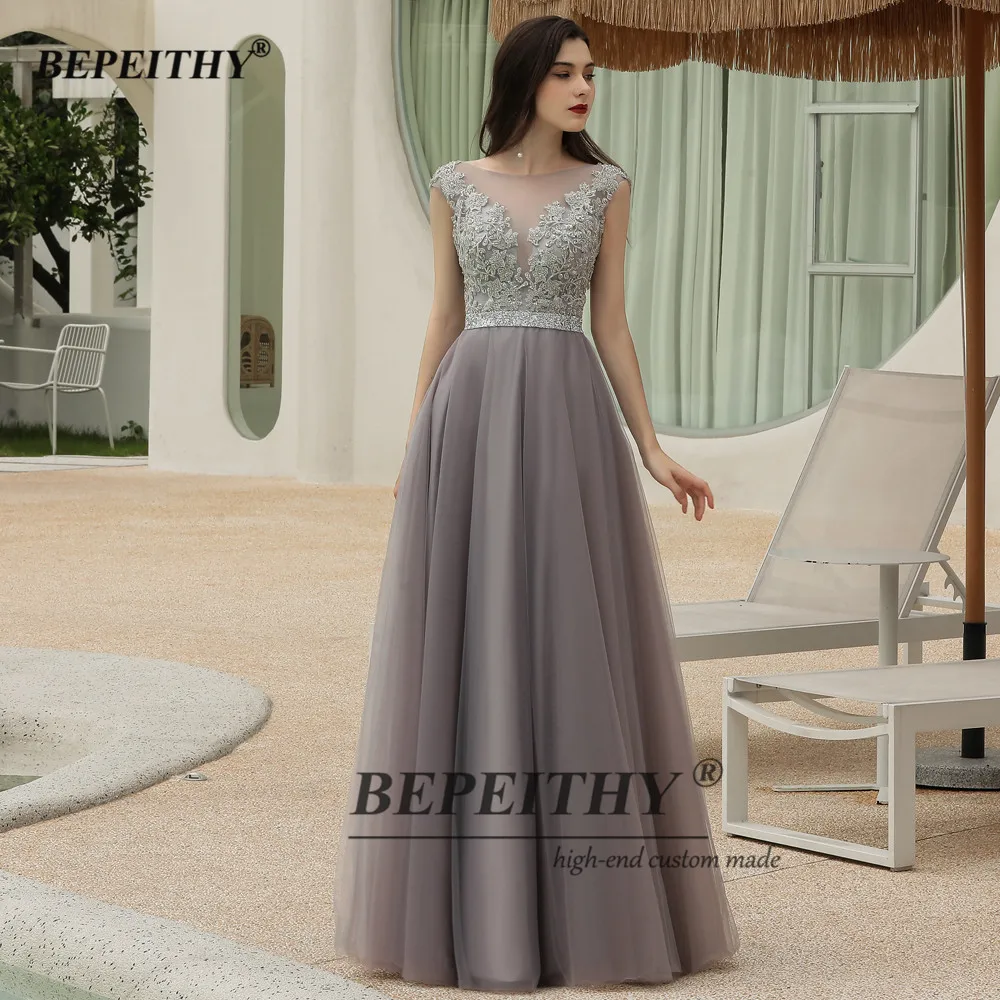 BEPEITHY สีเทาชุดราตรียาวหรูหรา2021 Elegant ดูไบอาหรับคริสตัล A-Line อย่างเป็นทางการ-พรรคสำหรับ Plus ขนาดผู้หญ...