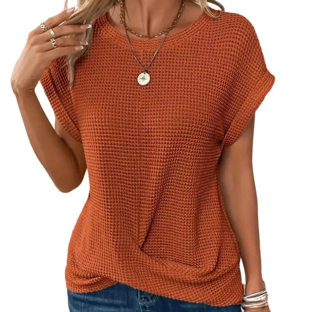 2026 New Solid Color Round Neck T-shirt Elegant Short Twist Hem Top Women's Clothing