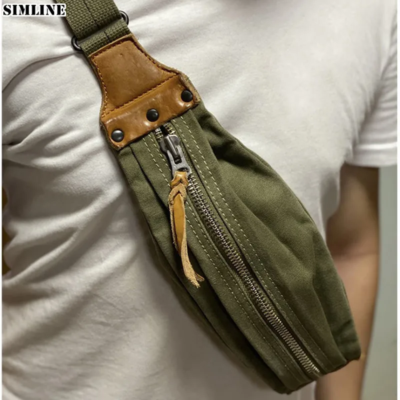 Canvas And Genuine Leather Chest Bag For Men Male Vintage Handmade Casual Travel Small Sports Shoulder Bag Crossbody Bags Pouch