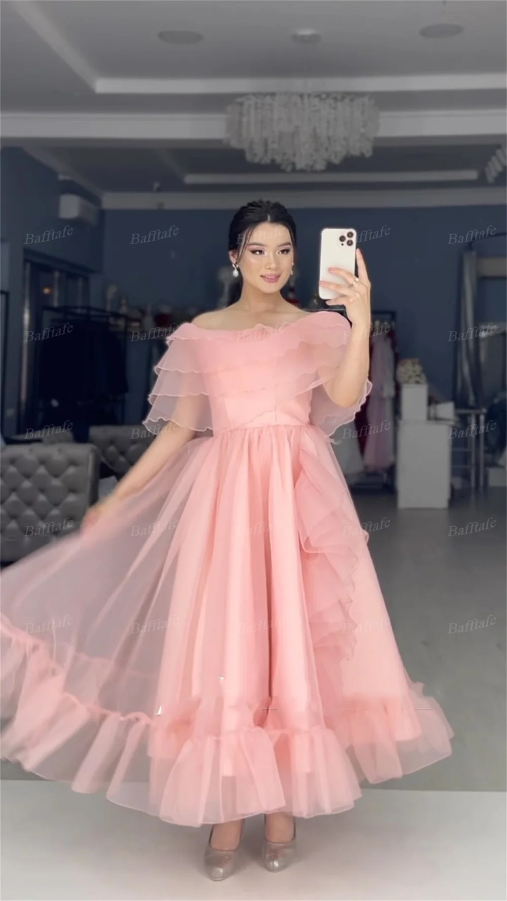 Baftafe Blush Roze Organza Korea Midi Prom Jurken Gelaagde Muts Mouwen Plooi Rok Formele Feestjurk Specail Avondjurken