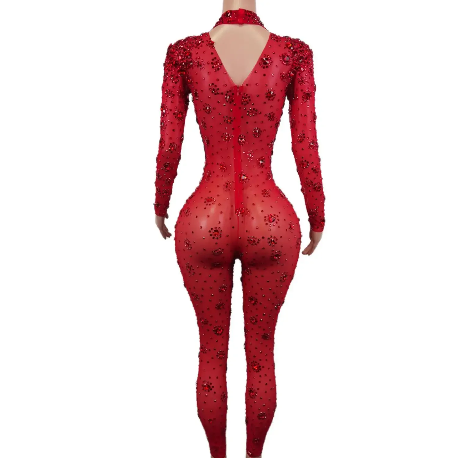 เซ็กซี่เพชรสีแดงผู้หญิง One-piece Jumpsuit แฟชั่นปาร์ตี้ Dance Club Slim Bodysuit STAGE เครื่องแต่งกายวันหยุดเสื้อผ้า