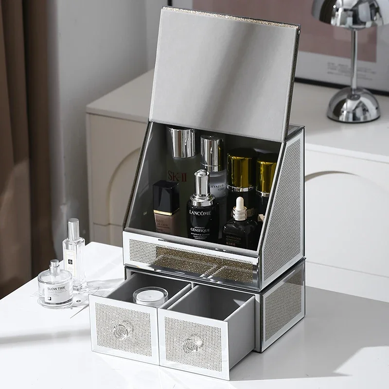 

Ящик для хранения косметики из золотого стекла, пыленепроницаемый рабочий стол, можно штабелировать с полками большой емкости, комодом, темной отделкой.