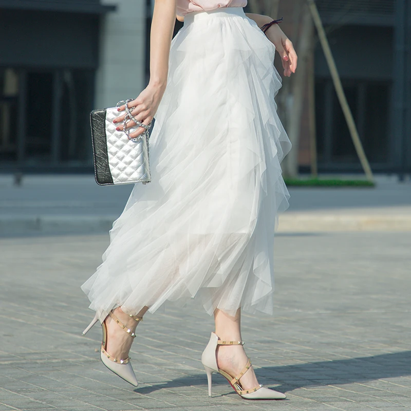 Tutu Tule Saia Maxi Longa para Mulheres, Saia Plissada de Cintura Alta, Malha Rosa Bonita, Moda Feminina, Estética Coreana Faldas