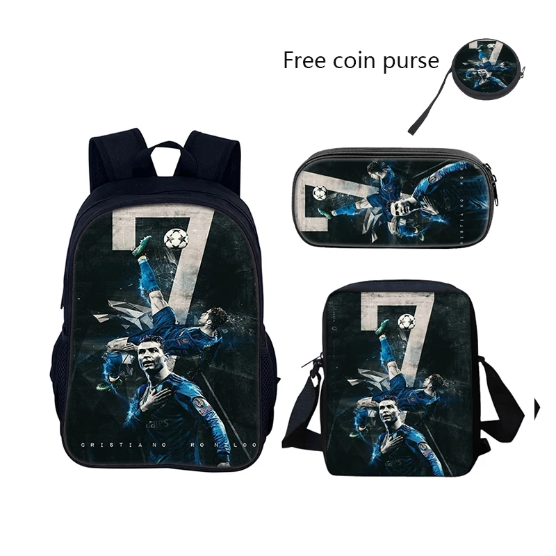 3 pcs set Football CR7 Star Child School Backpack with Lunch Bags Pencil Bags School Bags for R-Ronaldos Boys Girls Best Gift