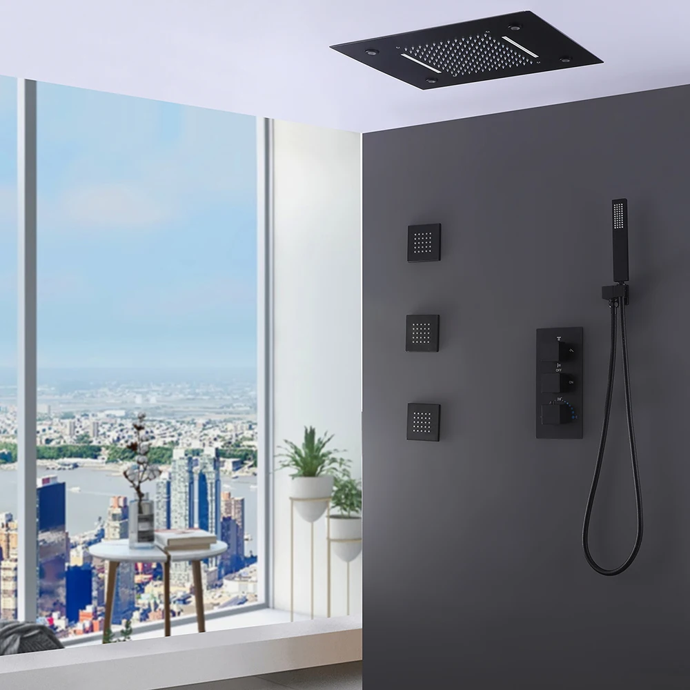 نظام دش الحمام الفاخر 3 وظيفة ماتي الأسود دش خلاط مجموعة النحاس الأمطار Led دش رئيس مجموعة
