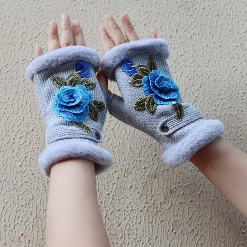 3D Floral Embroidered Fingerless Gloves Winter Autumn 2023 Half Gloves Women Elegant Evening Girlfriend WiFe Gift