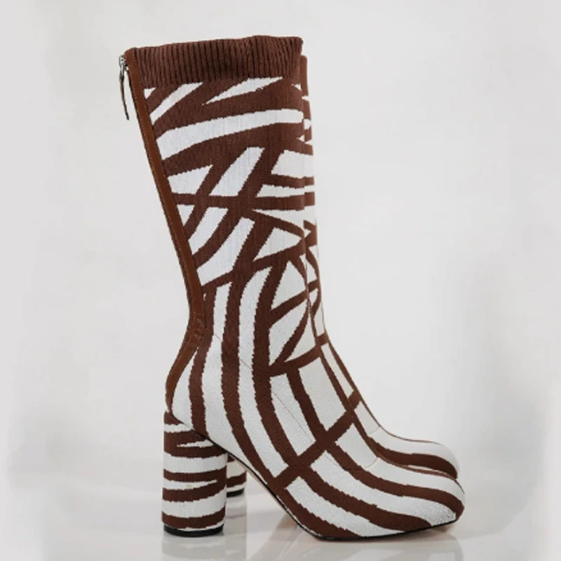 Striped Knit Round Heel Elastic Mid-Calf Boots Woman Winter 2026 Zebra Print Round Toe Chunky Heel Short Boots Fashion High Heel