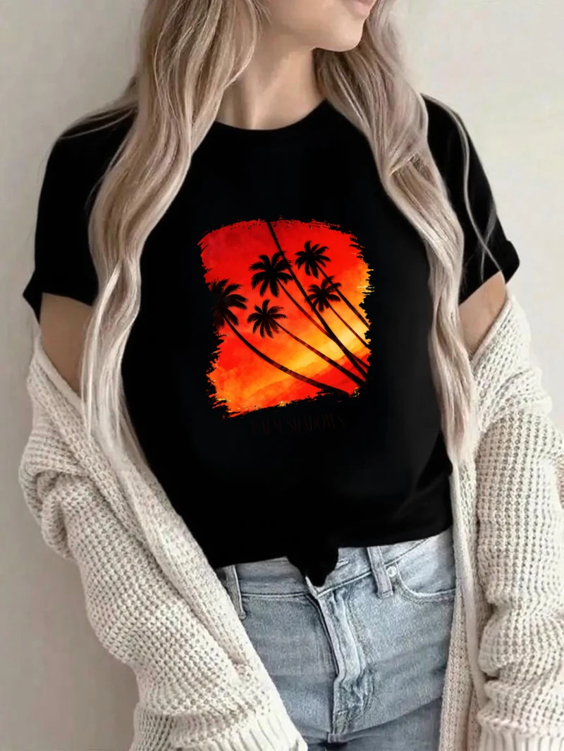 

Женская футболка с принтом, белая футболка с короткими рукавами и принтом пальмы, узор заката, летний повседневный стиль отпуска
