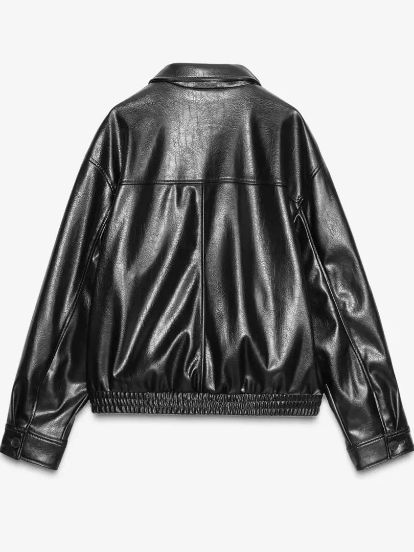 New 2025 Autumn Women's Workwear Sle Faux Leather Pilot Collar Jaet Outerwear 439773 800 Faion Stand Fit Ladies Coat