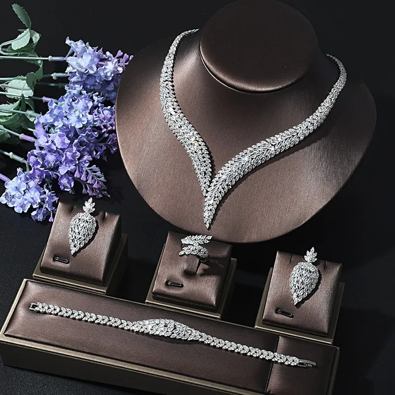 

European and American Middle East Dubai Jewelry Set Copper White Gold Plated Zircon Bridal Wedding Four-Piece Set Accessories