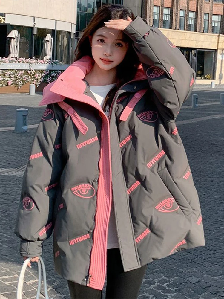 

plus Size Winter Jacket Women's Mid-Length Warm Coat Fashionable Loose Fit Color Block Outerwear Thickened Cotton Padded