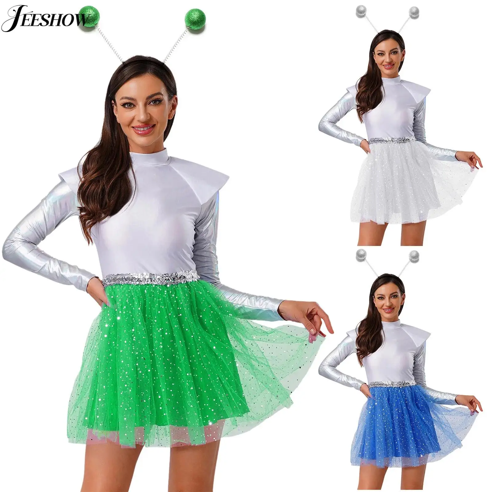 

Женский костюм космонавта с пайетками, длинными рукавами, тюлевым подолом, платье-боди с головным убором, наряд для косплея на Хэллоуин