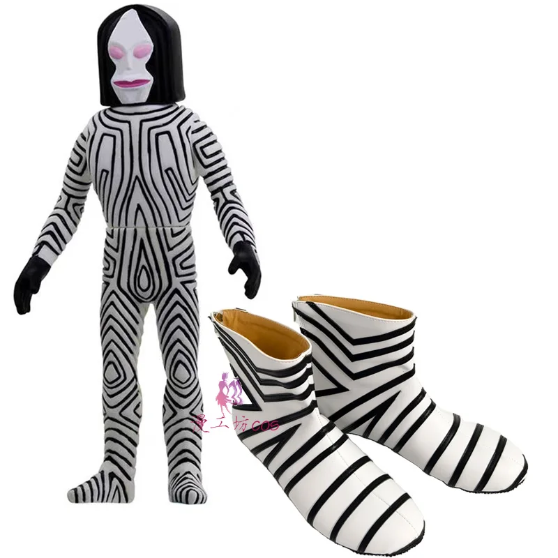 

Ultra man Character Dada Three Faced Phantom Cosplay Costume Shoes Handmade Faux Leather Black White Zebra Stripes Boots