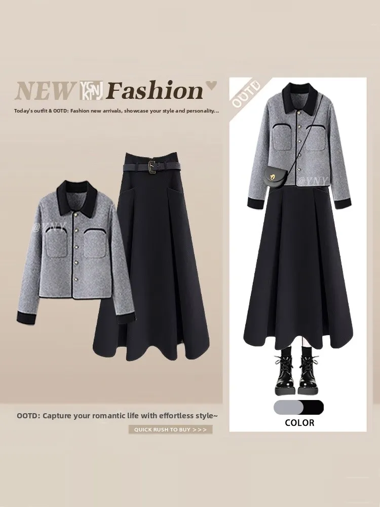 

Winter ort Women's Coat ey Woolen Material Golden Button Design High Waist Midi Skirt Set Faionable French Sle Outfit