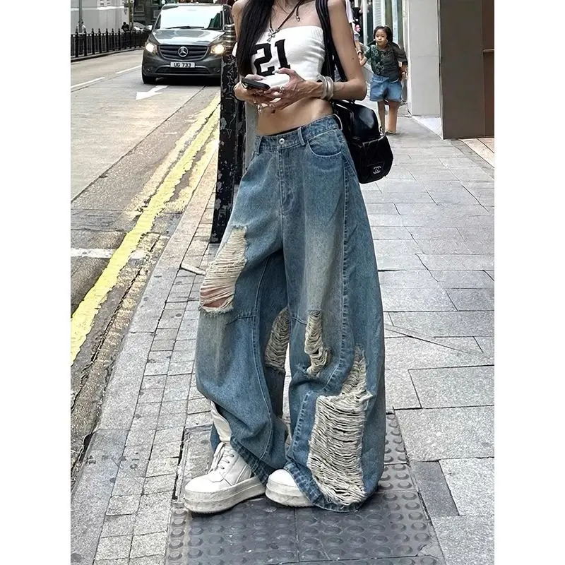 trend street vibe dancing babe ripped jeans retro high waist loose lazy loose flooring pants  joggers women