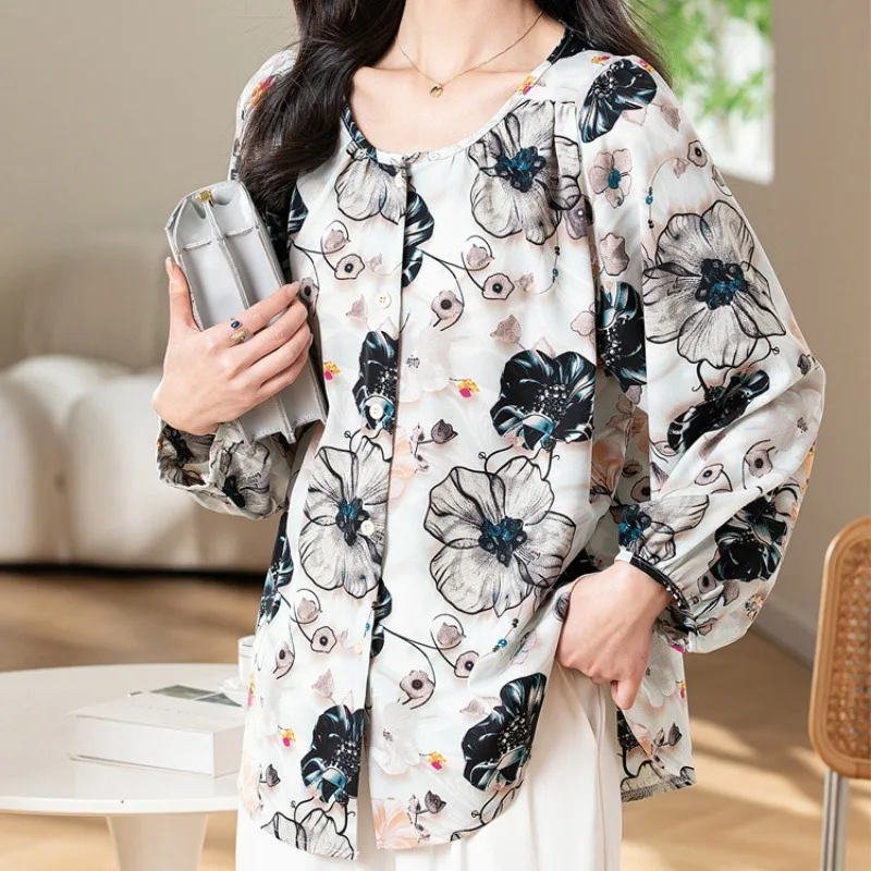 

Flower Print Retro Women's Travel Vacation Blouse Casual Loose Long Sleeve Wear Shirt Tops