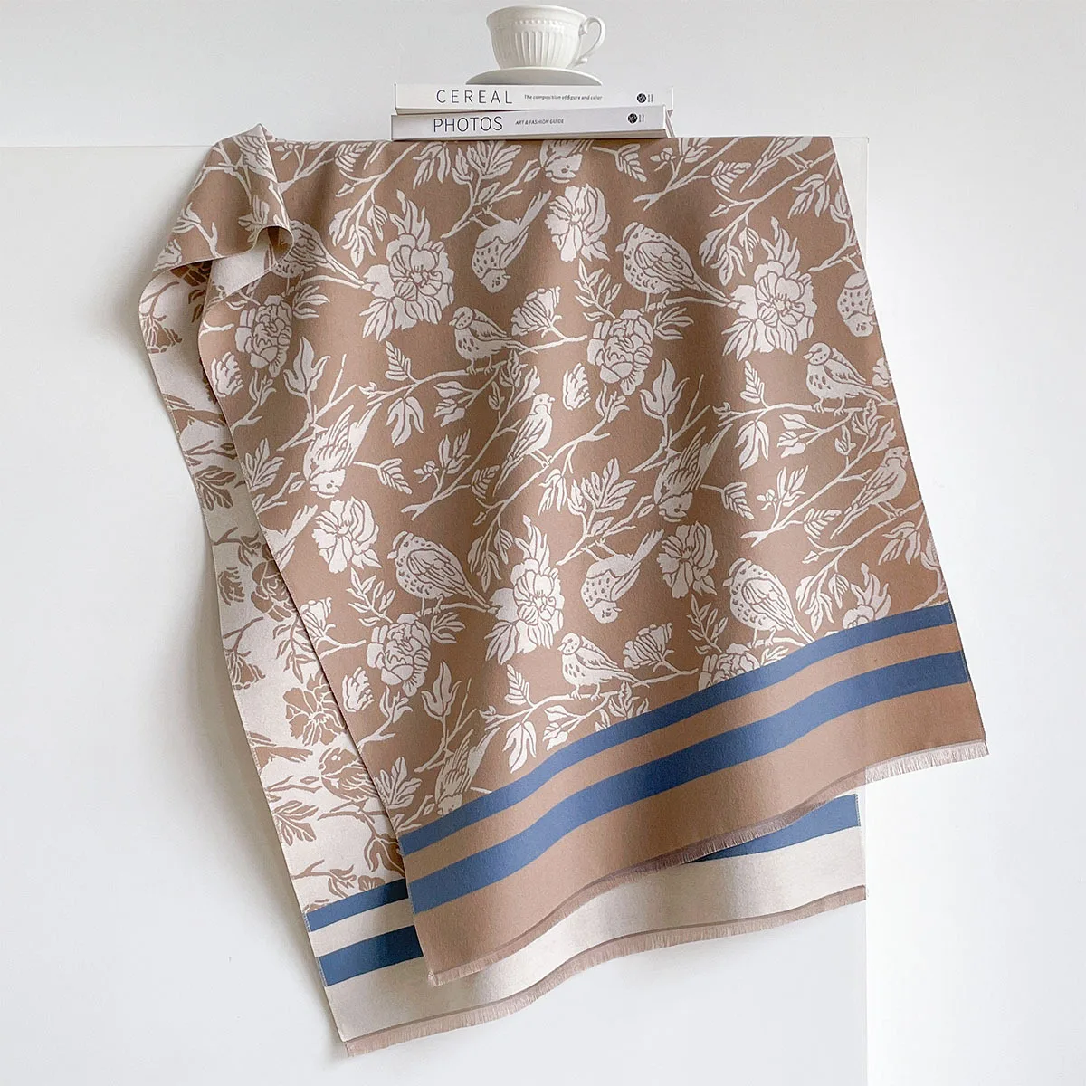 Womens Premium Faux Cashmere Scarf Retro Botanical Bird Flower Print Striped Motif Contrast Stripe Edge Short Fringe Detail