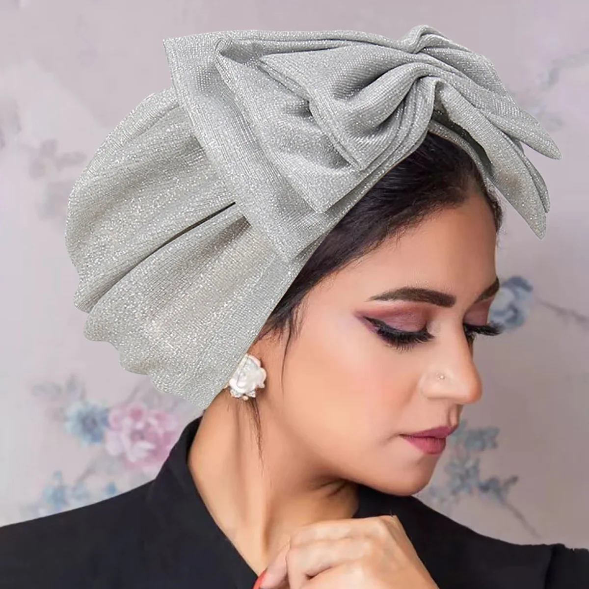 Sombrero Hijab con purpurina para mujer, pañuelo de cabeza con lazo grande, turbante musulmán para boda, gorro de cabeza de flores Retro francés, Bandana para mujer