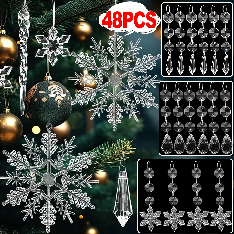 Snowflake Crystal Christmas Ornaments for Tree Decorations Hanging Clear Acrylic Beaded Pendent Winter Wedding Party Supplies