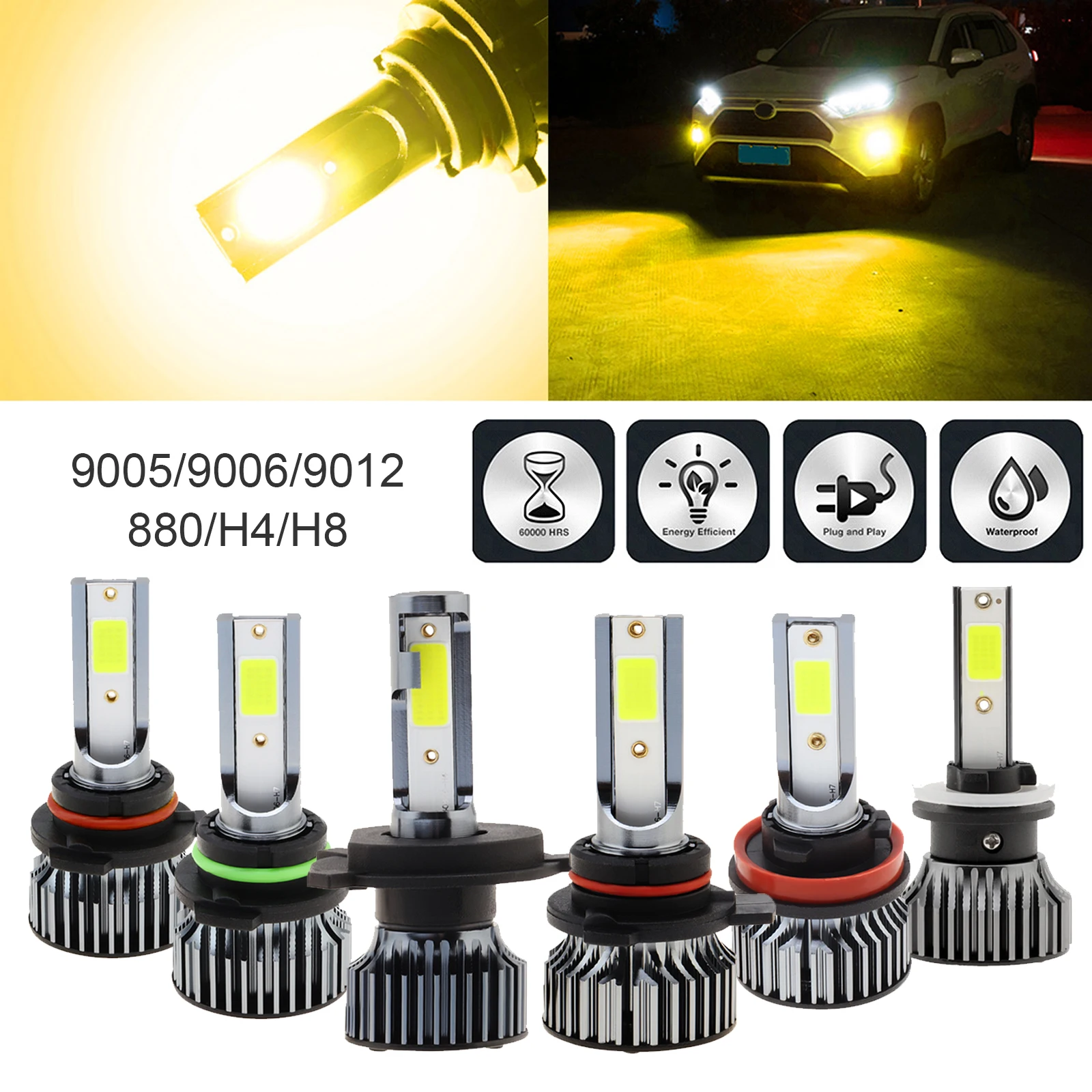 

1pc H8/H9/H11/880/881/5202/ 9006/HB4/9005/HB3 100W Yellow Light Car LED Fog Light Bulbs