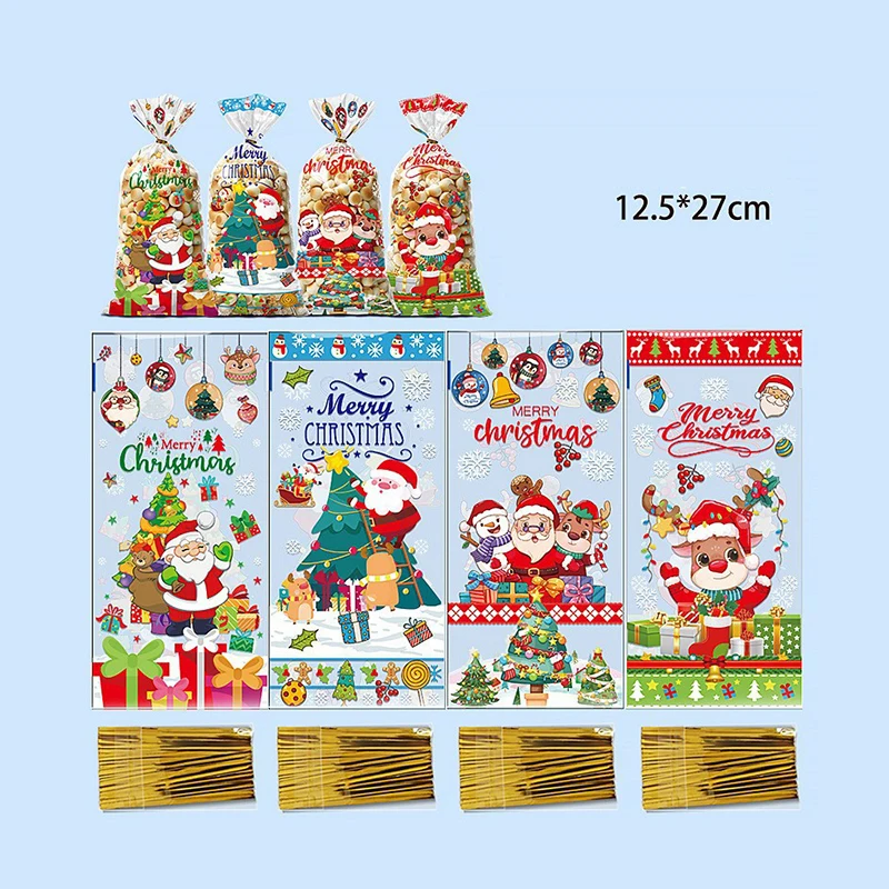 50Pcs Christmas Series Candy Bags With Ties 2024 Xmas Cookies Packing Bags Santa Snowman Gift Bag Christmas Decorations