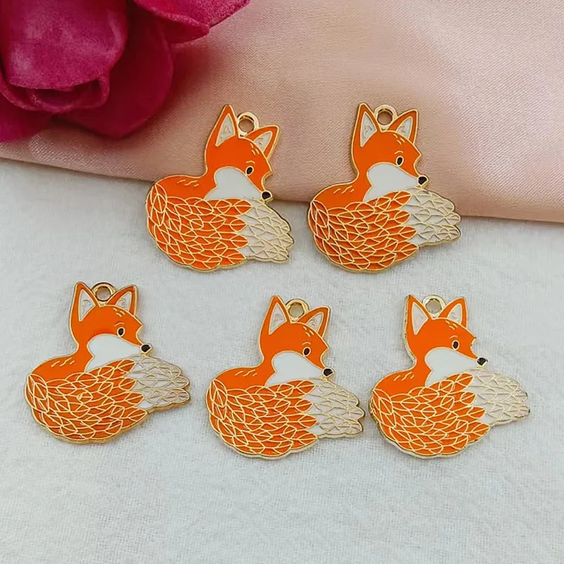 10pcs 25x27mm Enamel Fox Charm Jewelry Accessories Bracelet Necklace Pendant Craft Supplies Diy Finding Gold Plated