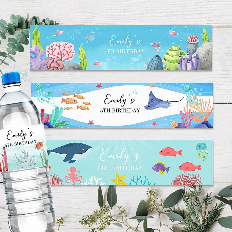 Personalized Text Water Bottle Label Stickers Under The Sea Animals Ocean Day Marine Party Birthday Baby Shower Baptism Decor view 2