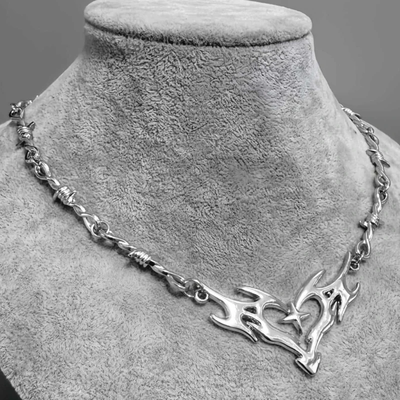 Unique Edgy Thorn Flame Hollow Heart Necklace Stainless Steel Hip Hop Charm