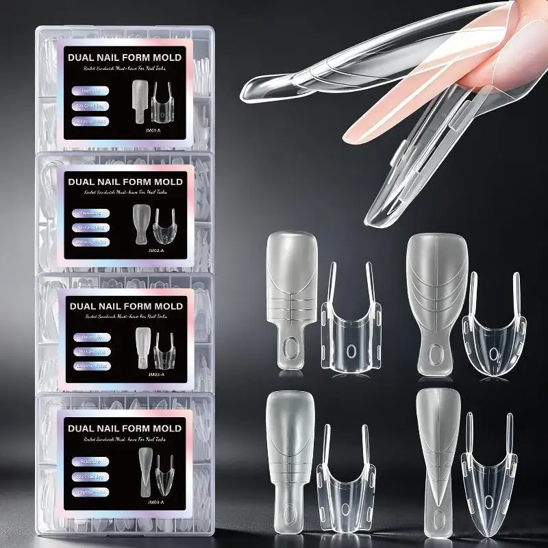 120Pcs Dual Nail Form Mold Sandwich Nail Extension Mold Multiple Shapes Reusable Clear Nail Molds For Salon Home DIY Manicure