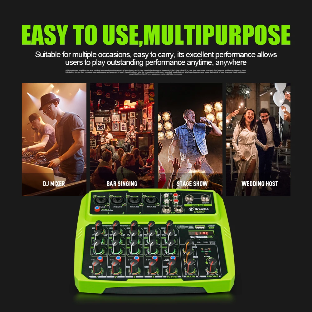 FR6 FR4 DJ Console Mixer de Áudio Com Bluetooth 48V Phantom Power Delay Repaeat Effect Sound Mixing Console USB 4/6 Canais