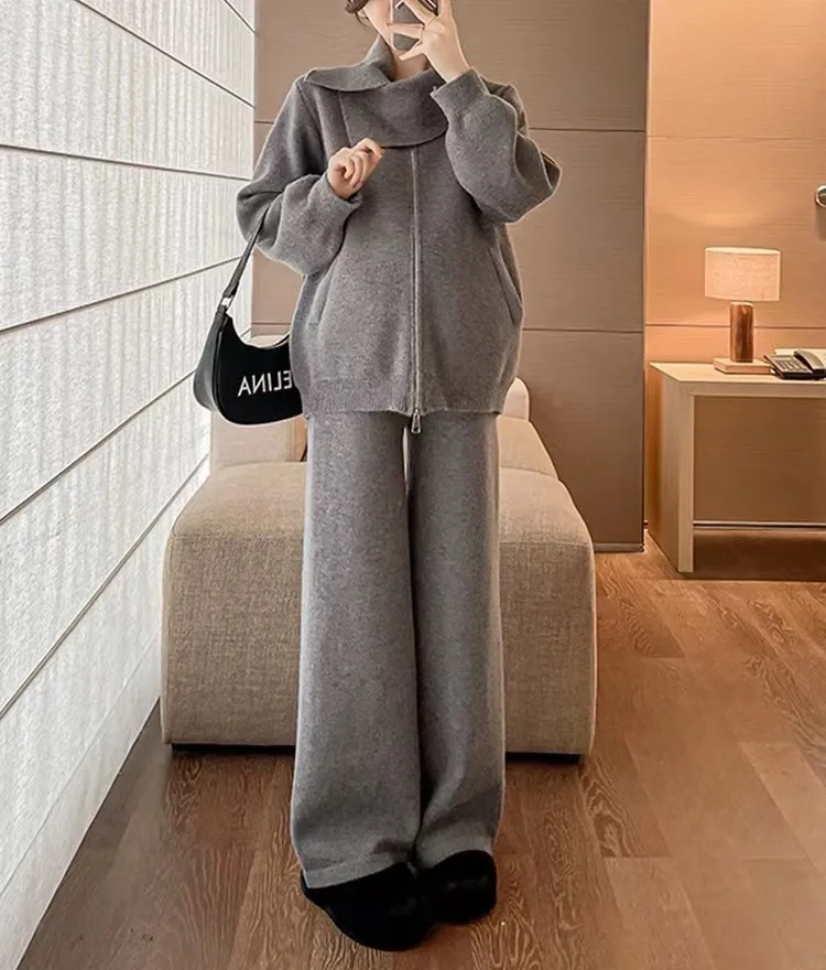 Large Knitted Set Women's Autumn and Winter 2024 New Casual Sweater Cardigan Wide Leg Pants Two-piece Set