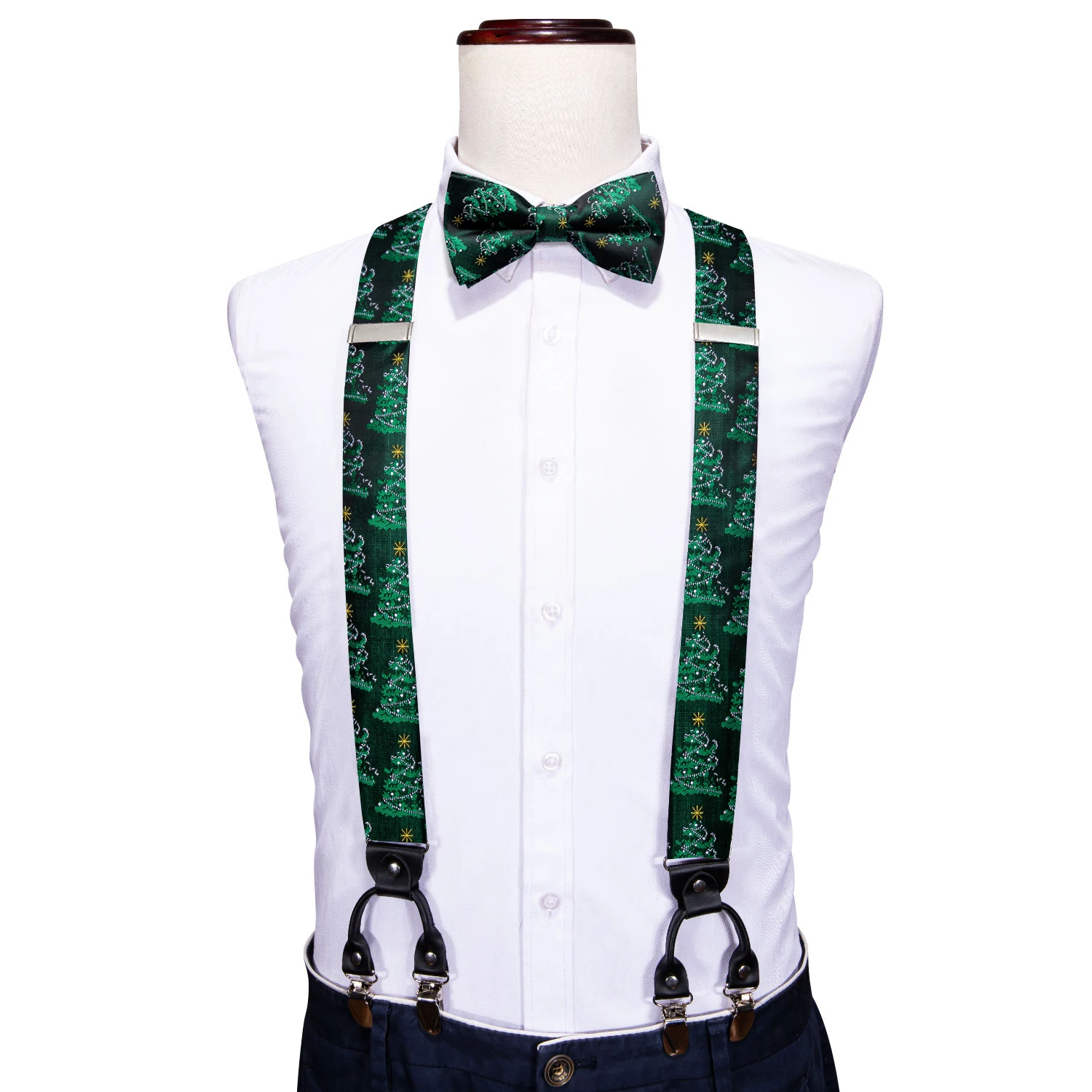 Fashion Green Christmas Silk Suspenders And Bowtie Handkerchief Cufflinks Sets Fashion Adjustable Gifts Party Barry.Wang 2060