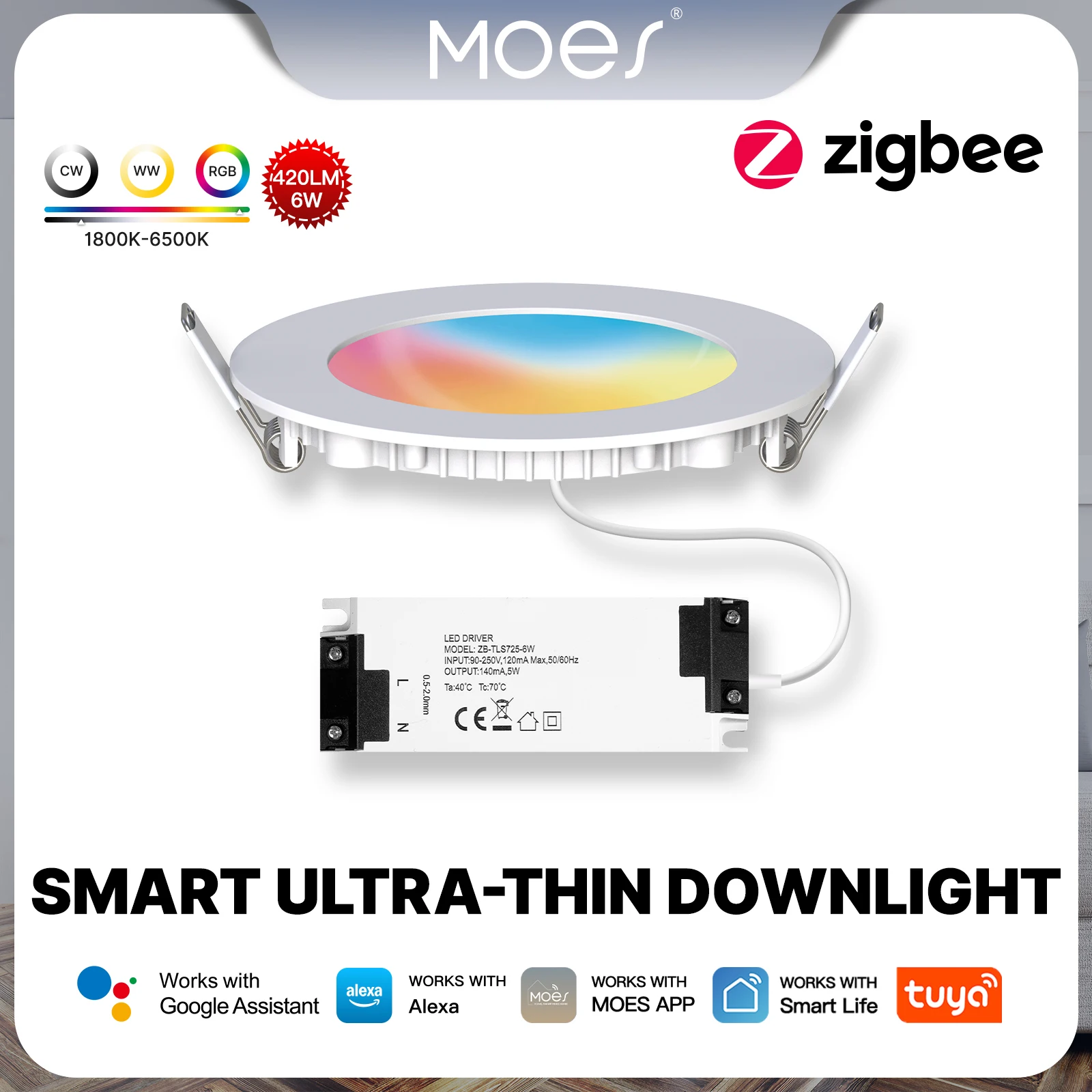

MOES ZigBee Downlight Tuya Thin Dimming Spot Lamp 6W RGB Change Warm Cool Light Work with Alexa Google Home Smart Life In Party
