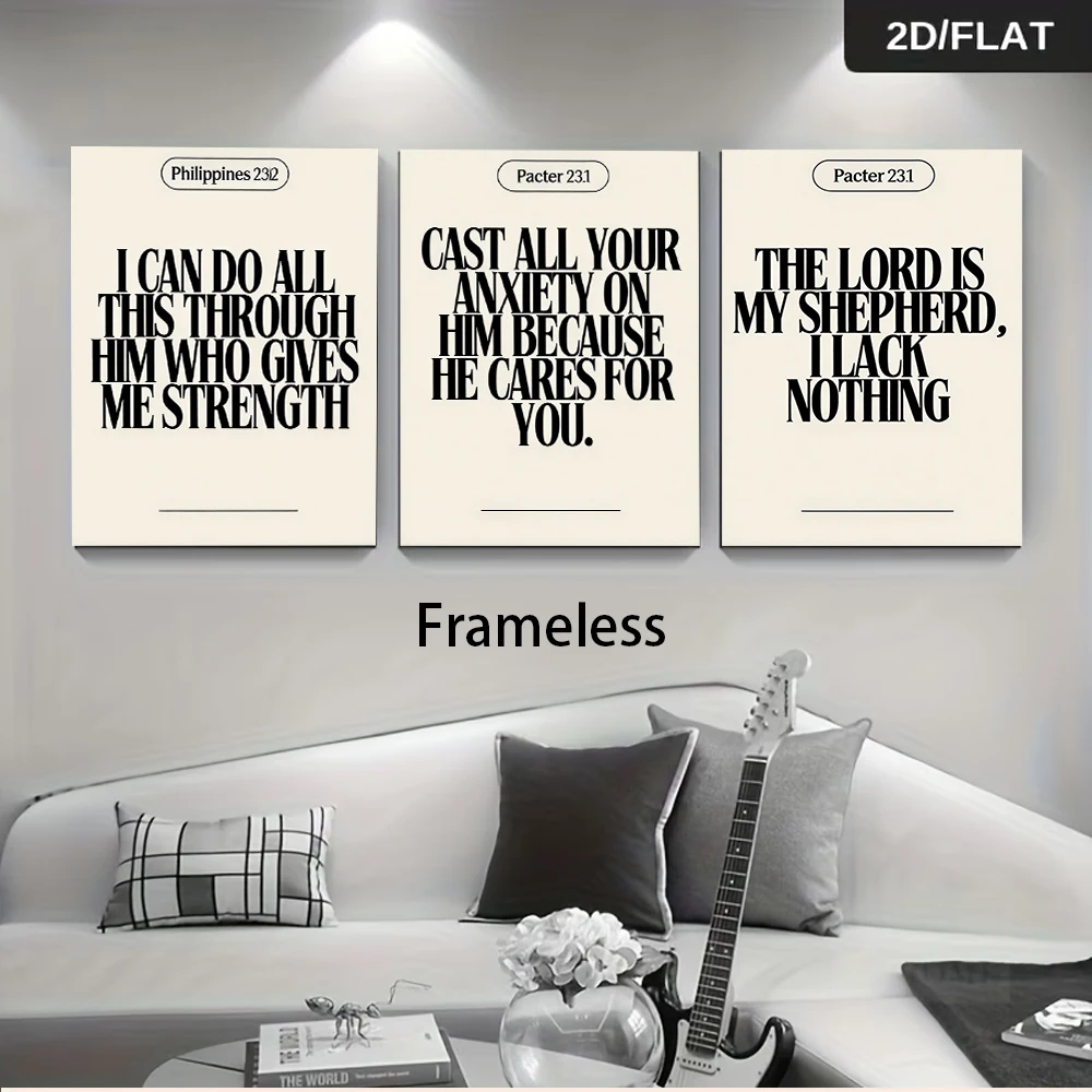 One set of Christian Bible texts, a three-panel black and white frameless painting for living room and bedroom, 2D flat design.