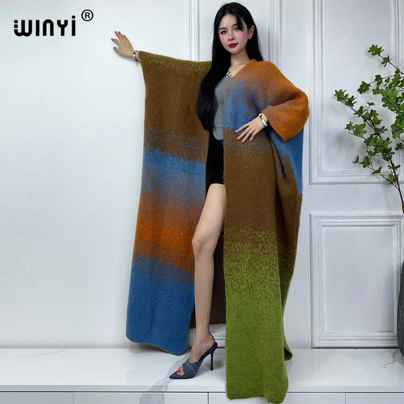 WINYI-traje de Invierno para mujer, abrigo neutro de piel de lujo, abrigo grueso y cálido con estampado Gradual, poncho largo, vestido de fiesta de