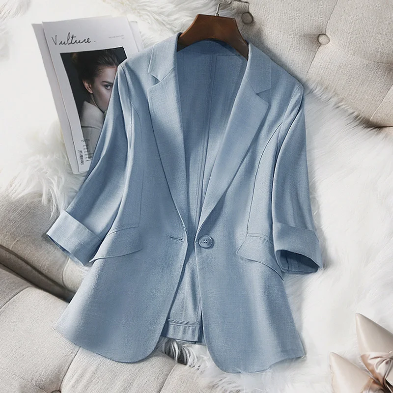 2026 Light Green Linen Suit Coat Women's Thin Design Summer Korean High-end Casual Short Suit Temperament Woman Suit Jacket Top