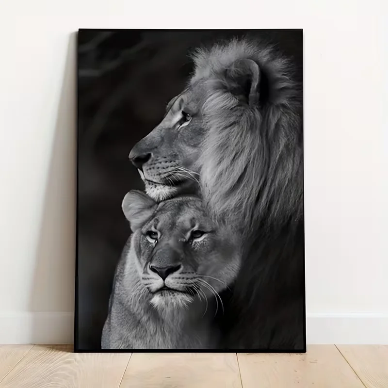 Charming Black Lion & Lioness Love Canvas Art - Frameless Wall Decor for Living Room, Bedroom, Home Office, Artistic Decoration