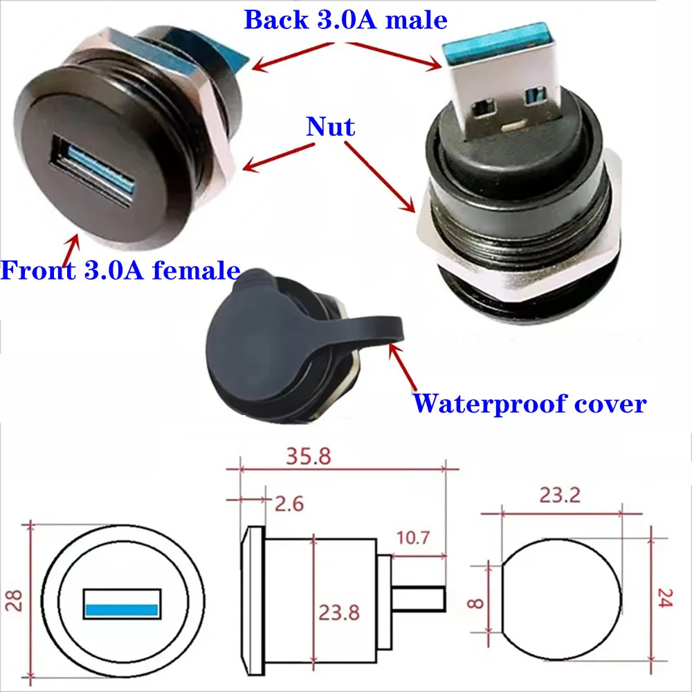 D type  USB  TYPE-C M24 aperture  Double Head mounting panel dust cover female USB socket data adapter  USB2.0 3.0 connector