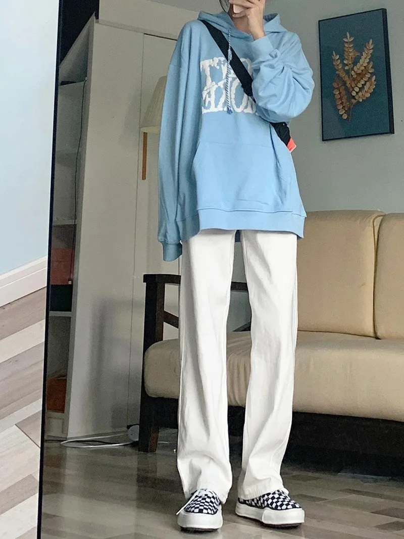 Jeans a gamba larga a vita alta da donna taglie forti Pantaloni larghi bianchi dal taglio dritto Autunno Faion Casual Comodo lunghezza fino al pavimento