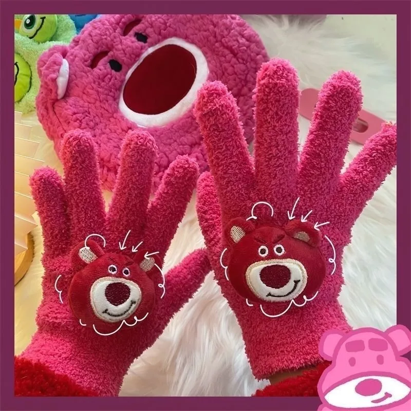 Disney Cartoon Lotso Cute and Versatile Student Girl Winter Thickened Warmth Comfortable Coldproof Commuting Cycling Gloves